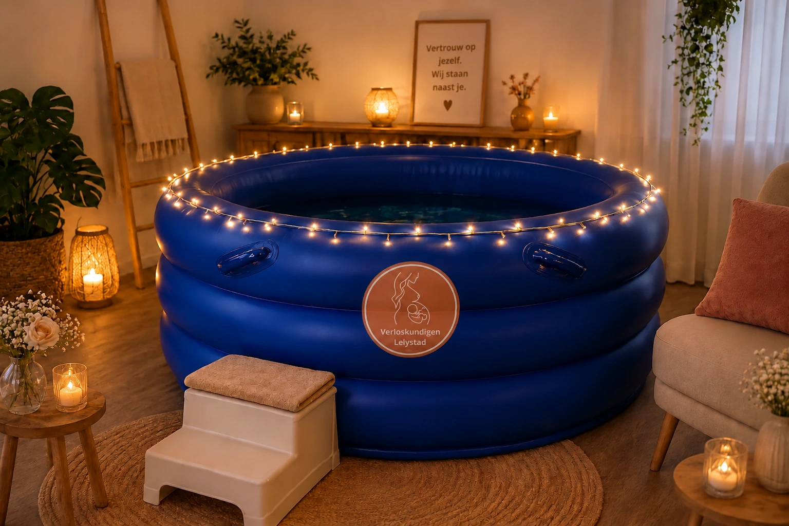 Blauw bevalbad met het logo van Verloskundigen Lelystad in een warm ingerichte kamer